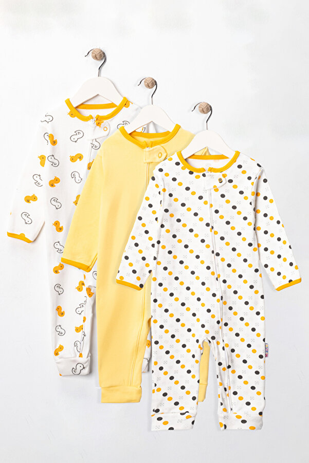 Mıdırık Kız Erkek Bebek Fermuar Kapamalı %100 Pamuklu Manşetli 3'lü Tulum Seti 9-12-18 Ay