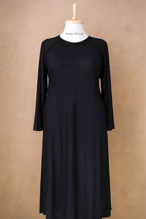 HESNA-Μπλε Navy Plus Size Μοτίβο Άνετο Μητρικό Φόρεμα με Πέτο 1