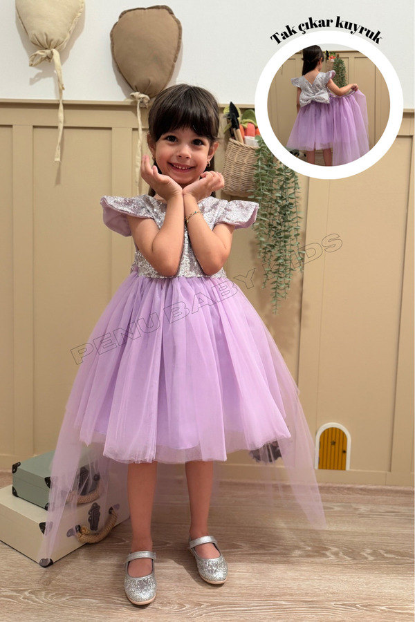 penu baby kids Lila Payetli Kısa Kol Tül Etekli Kız Bebek Elbise - Elizabeth