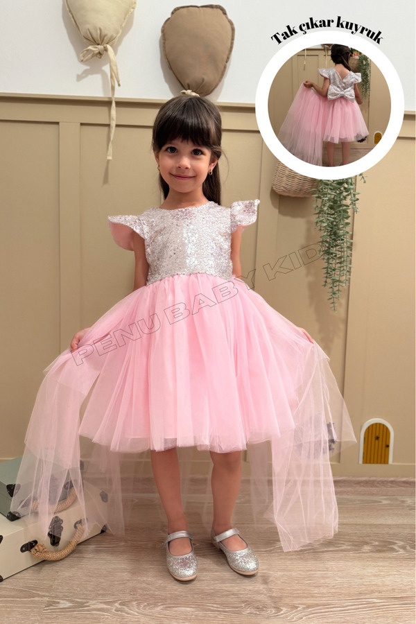 penu baby kids Pembe Payetli Kısa Kol Tül Etekli Kız Bebek Elbise - Elizabeth