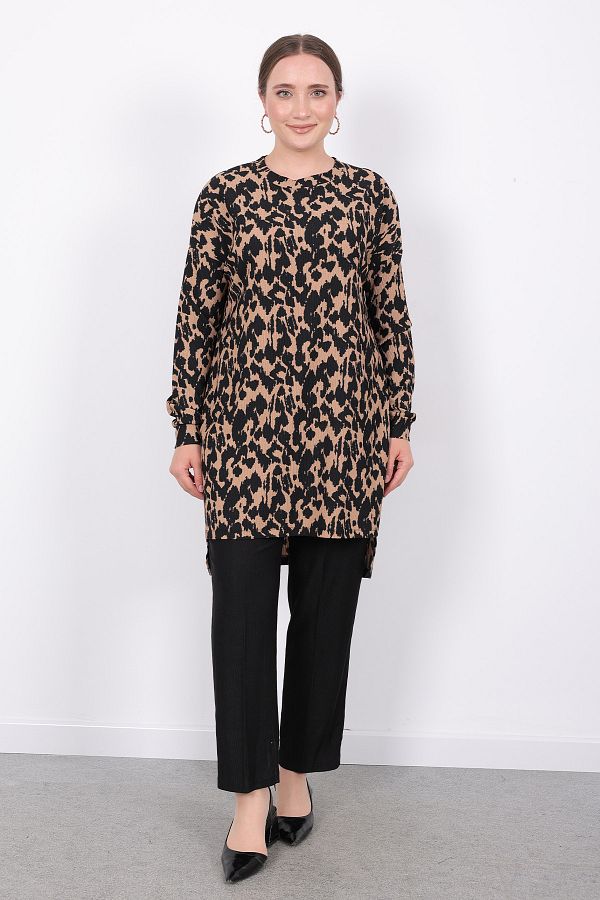 Linvey-Summer Comfortable Fit Wrinkle Fabric Leopard Pattern Double Suit Elastic Pants & Loose Cut Tunic 1