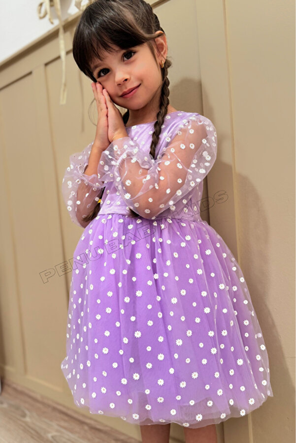 penu baby kids Lila Çiçek Desenli Tül Etekli Ve Truvakar Tül Kol Kız Bebek & Kız Çocuk Elbise - Flower