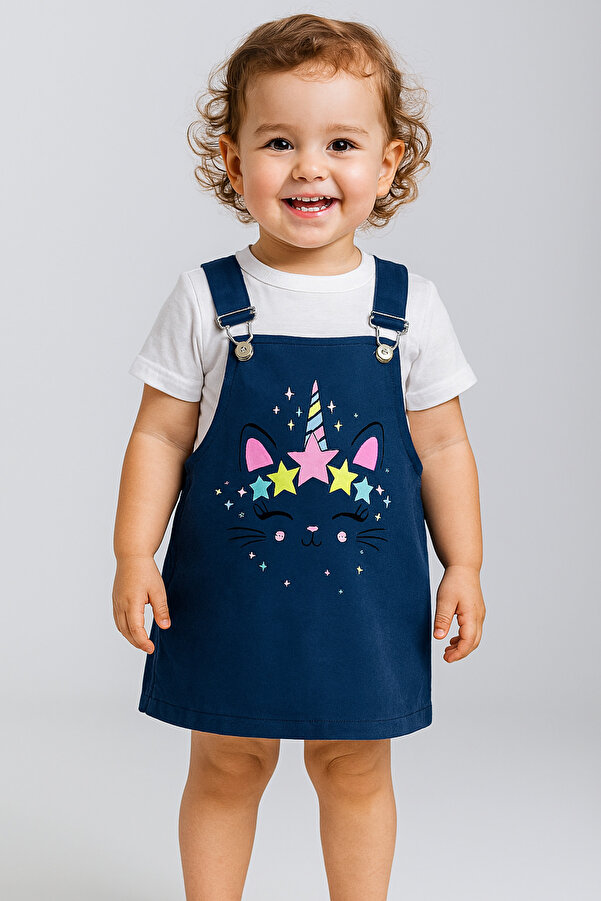 minikiss Kedicik Baskılı Gabardin Kumaş Ayarlı Askılı Kız Çocuk Jile Elbise