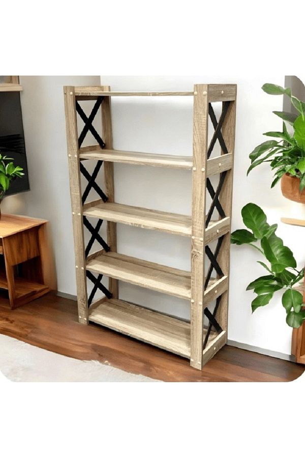 Kreslo-Modern wooden shelf with five shelves and a cross-shaped side design - Height: 120 cm, Width: 73 cm, Depth: 27 cm 1