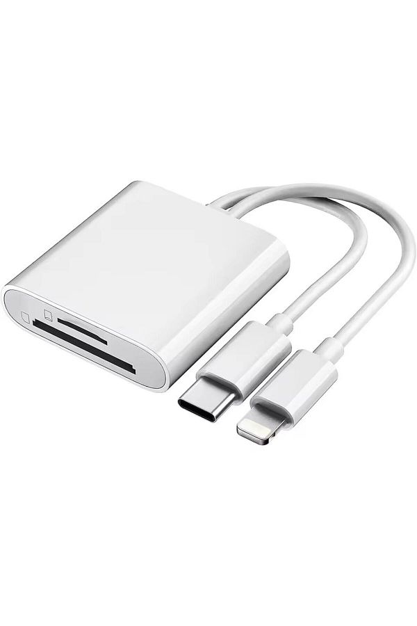 Choice-قارئ بطاقات 2 في 1 أبيض، محول بطاقات SD/TF بمنفذ Lightning وUSB-C، قارئ بطاقات متعدد الفتحات، قابس و 1