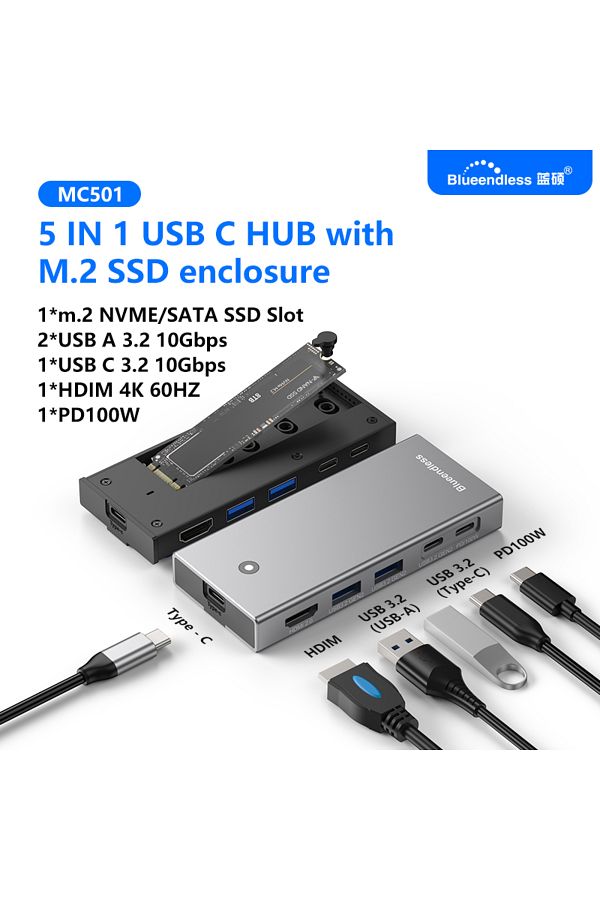 Choice-MC501 Blueendless m2 Sata/NVMe SSD Enclosure USB C hub Laptop Docking Station 4K 60Hz HDMI-Com USB3. 1