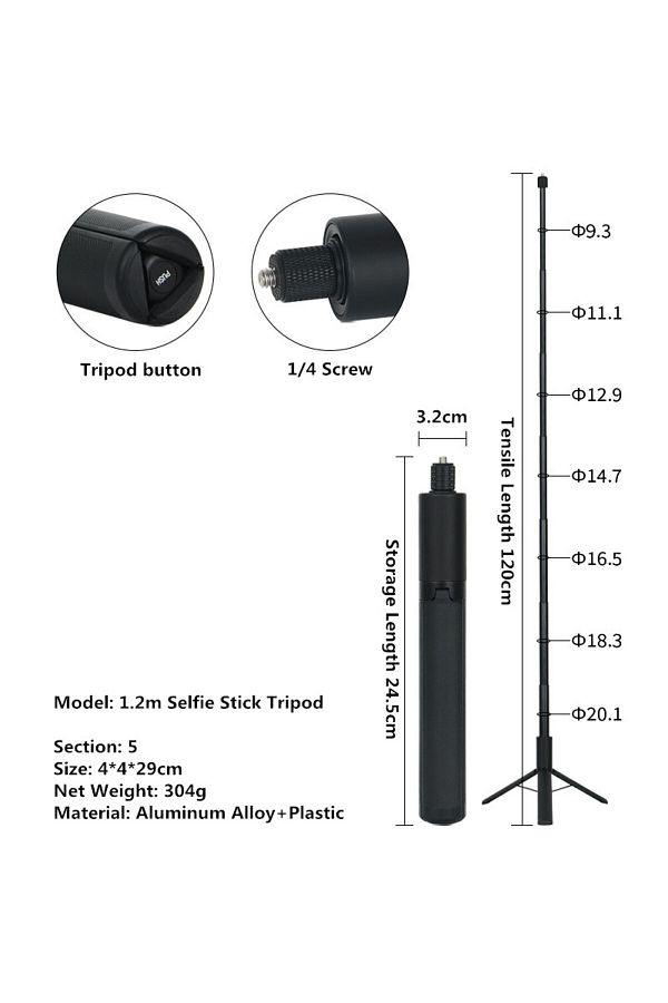 Choice-120CM Invisible Selfie Stick for GoPro 13 12 11 10 9 8 Insta360 X5 X4 X3 X2 1/4" Extended Monopod Po 1
