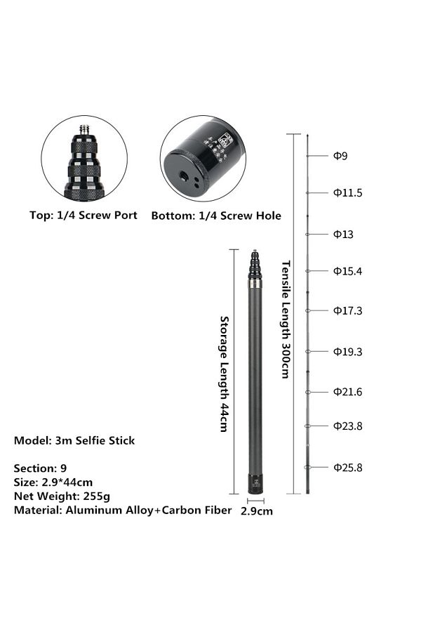 Choice-300CM Invisible Selfie Stick for GoPro 13 12 11 10 9 8 Insta360 X5 X4 X3 X2 1/4" Extended Monopod Po 1