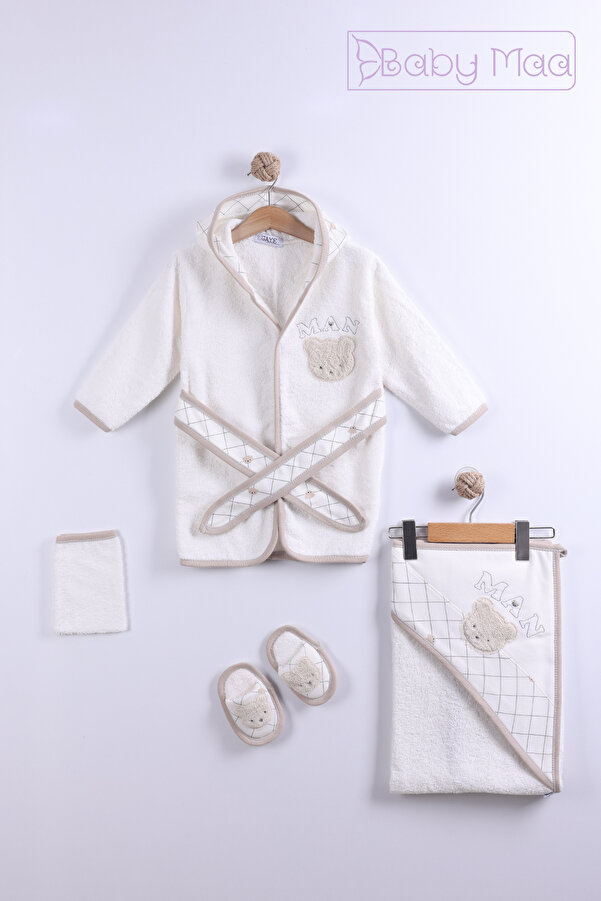 Baby Maa Ayıcık Desenli 4 Parça Kutulu Bornoz Seti / 0-2 Yaş Erkek Bebek