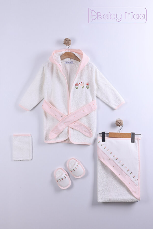 Baby Maa Çiçek Nakışlı 4 Parça Kutulu Banyo Seti / 0-2 Yaş Kız Bebek