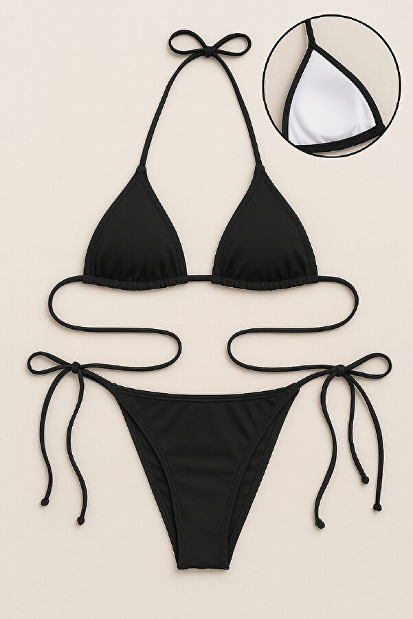 BYB MODA TASARIM Kadın Siyah Yandan Ve Boyundan Bağlamalı Bikini Mayo Takımı BYB