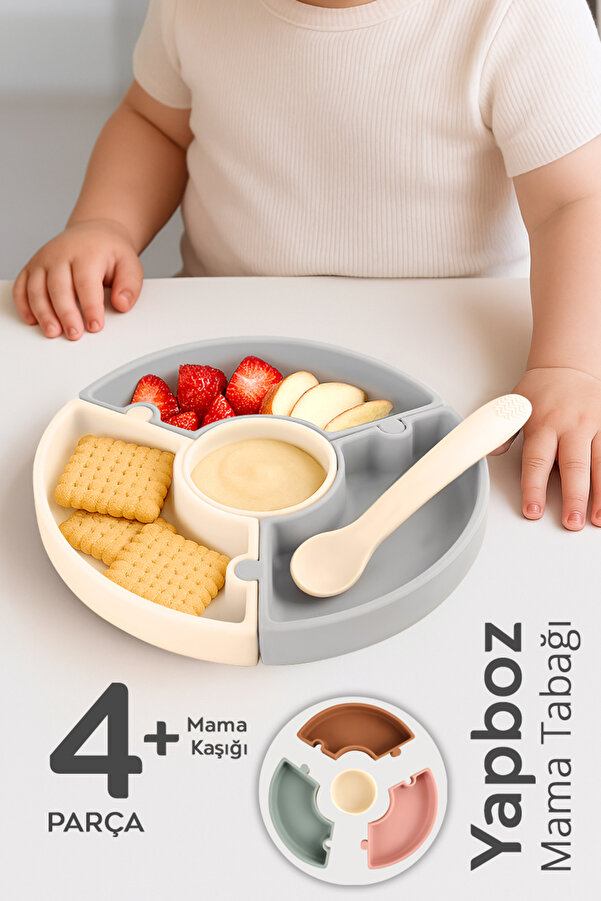 Meleni Baby Puzzle Mama Tabağı Kaşık Seti - Silikon Vakum Tabanlı Yapboz Mama Tabağı Silikon Kaşık - Gri Bej