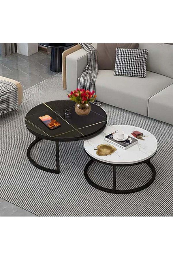 AGD-2 Pieces Table Set, Round Nesting Storage Coffee Tables with Open Shelf Simple Marble Design for 1