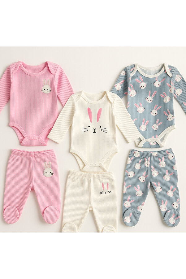 tinytrends Kız Bebek %100 Pamuk Tavşan Baskılı Çıtçıtlı Body Ve Patikli Alt 6'lı Takım Yenidoğan Hediyelik