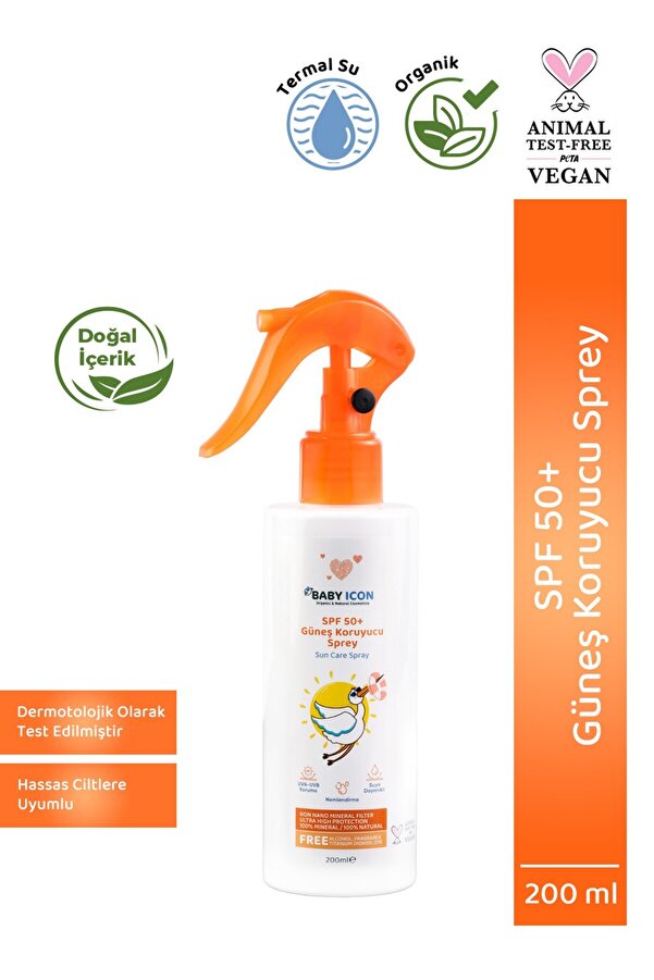 Baby İcon Organik Vegan Anne ve Çocuk Nemlendirici Güneş Koruyucu Sprey Suya Dayanıklı UVA UVB SPF 50+200ML