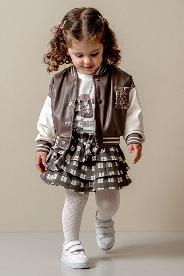 JNF kids Kız Bebek Deri Ceketli Kolej Etekli Takım ( Kolye Ve Külotlu Çorap Hediyeli)