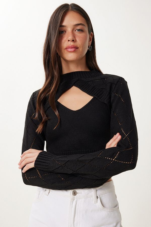 Happiness İstanbul-Schwarzes Rollkragen-Crop-Strick-Tanktop-Set – MT00153 1