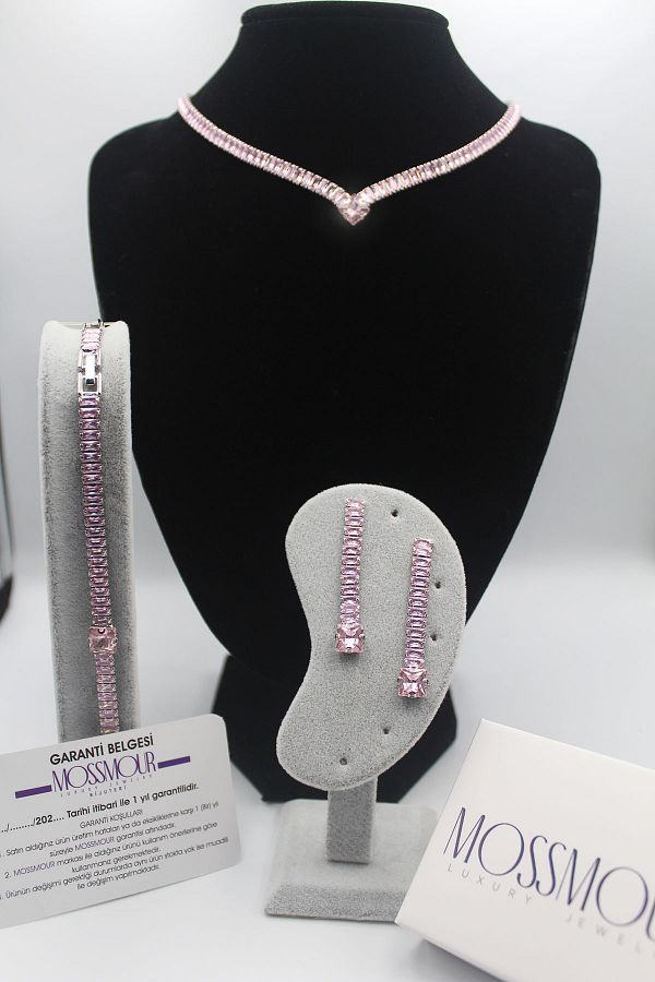 MOSSMOUR-Pink Stone Waterway Zircon Necklace Bracelet Earrings Special Occasion Jewelry Set 1