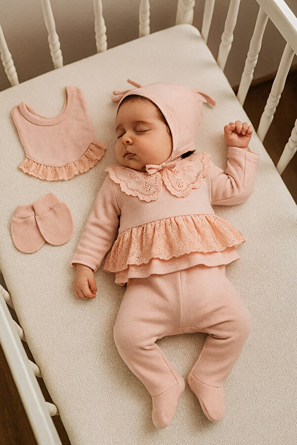 Cherub Baby Elit Bebe Yaka Fistolu %100 Pamuk Yenidoğan Kız Bebek 5 Parça Hastane Çıkışı Zıbın Seti