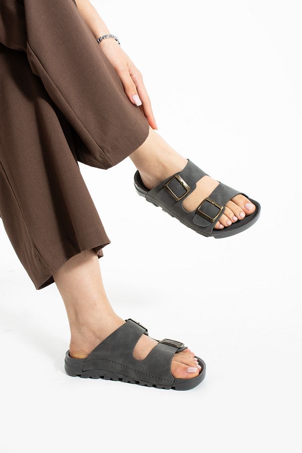 Moda Devrin-Gray Summer Unisex Double Buckle Soft and Light Slippers 1