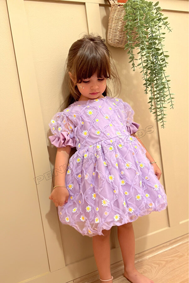 penu baby kids Lila Papatya Nakış Işlemeli Kısa Kol Kız Bebek - Çocuk Elbise - Elisa