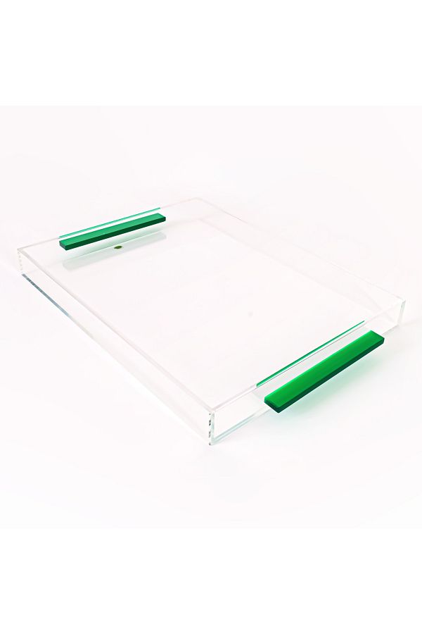 Generic-Luxury Clear Acrylic Square Serving Tray With Green Handle - 44 X 30 X 4 Cm - Ideal For Serving Food 1