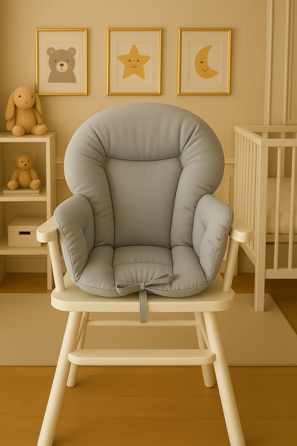 Wenaris %100 Pamuk Kumaş Çift Taraflı Mama Sandalyesi Minderi (KEMER GEÇME YERLERİ MEVCUTTUR) Açık Gri