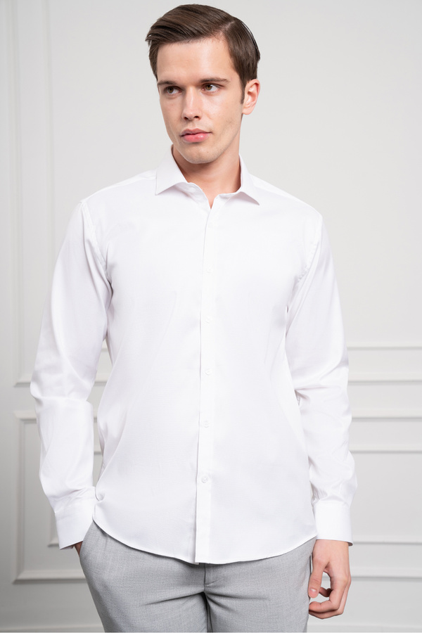 Morven-Мъжка бяла памучна риза с италианска яка, в стил Slim Fit 1