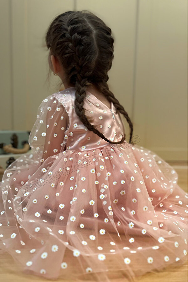 penu baby kids Pudra Çiçek Desenli Tül Etekli Ve Truvakar Tül Kol Kız Bebek & Kız Çocuk Elbise - Flower