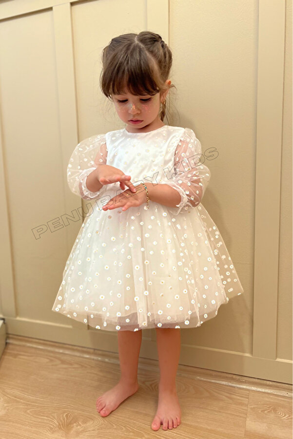 penu baby kids Beyaz Çiçek Desenli Tül Etekli Ve Truvakar Tül Kol Kız Bebek & Kız Çocuk Elbise - Flower