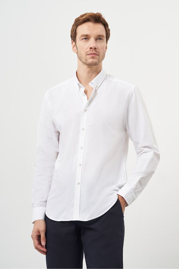 Morven-Men's White Cotton Trend Buttoned Collar Dynamic Fit Shirt 1