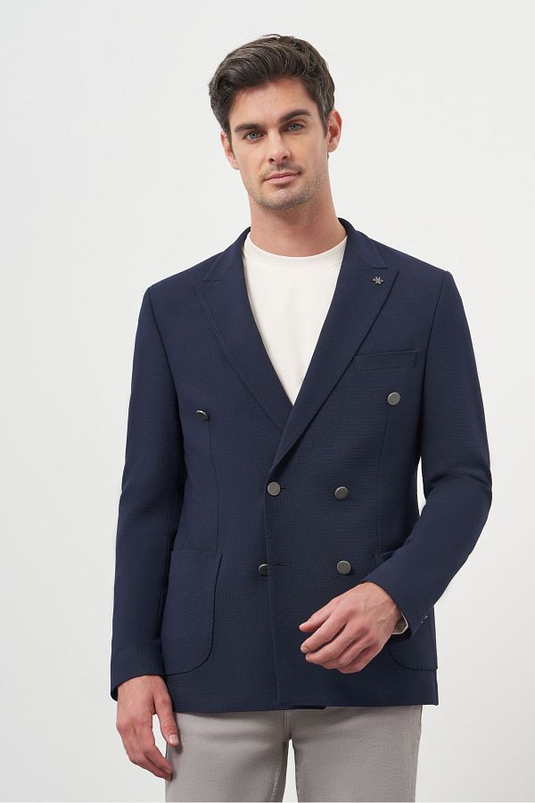 Morven-Мъжко тъмносиньо плетено сезонно спортно яке Seersucker Slim Fit 1