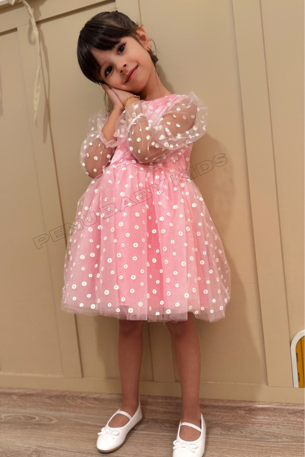 penu baby kids Pembe Çiçek Desenli Tül Etekli Ve Truvakar Tül Kol Kız Bebek & Kız Çocuk Elbise - Flower