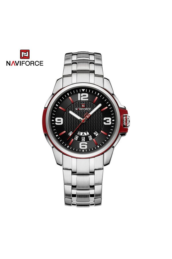 Naviforce-Mens Black Dial Stainless Steel Strap Watch Analog Quartz Waterproof with Day and Date Display 1