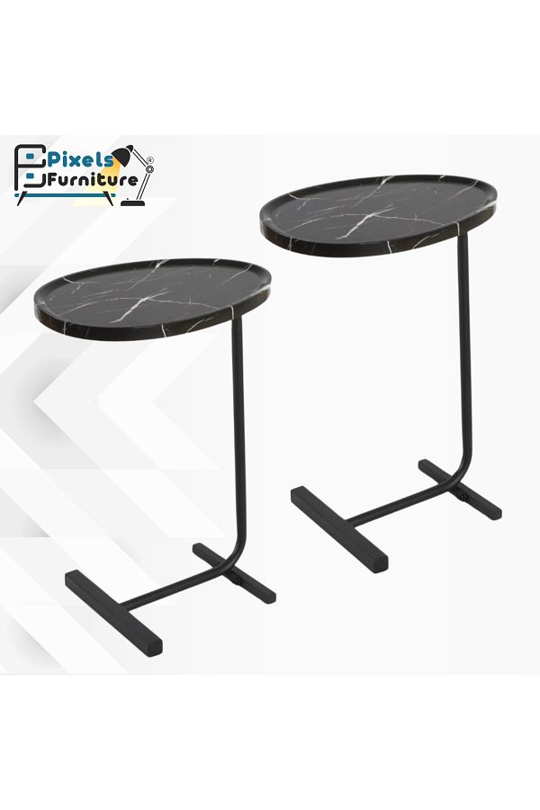 PixelsFurniture-مجموعة قطعتين طاولة جانبية من بكسل الأثاث على شكل C للأريكة والسرير، طاولة بقواعد معدنية صلبة 1