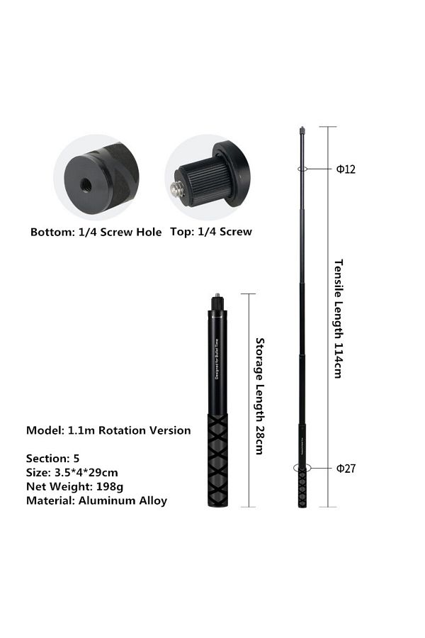 Choice-114CM Invisible Selfie Stick for GoPro 13 12 11 10 9 8 Insta360 X5 X4 X3 X2 1/4" Extended Monopod Po 1