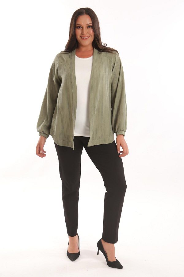Metpoint-Trend42Plus Large Size Fabric Striped Oversize Khaki Jacket with Elastic Sleeves 1