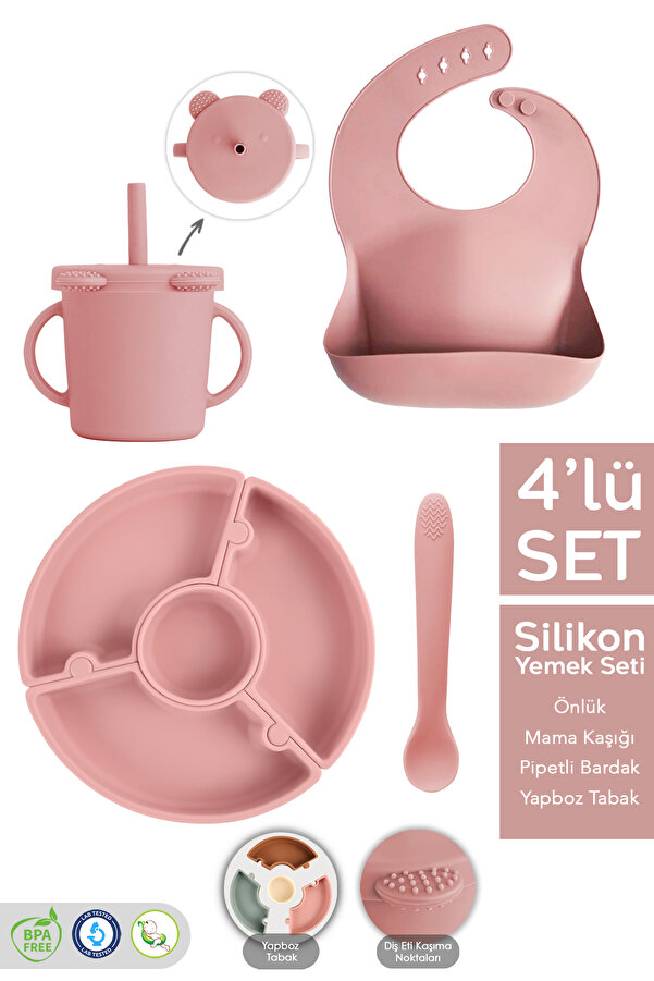 Meleni Baby 4'lü Silikon Beslenme Seti - Yapboz Puzzle Mama Tabağı Önlük Pipetli Bardak Diş Kaşıyıcı Kaşık Pembe