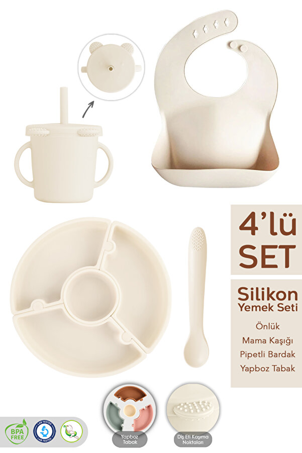 Meleni Baby 4'lü Silikon Beslenme Seti - Yapboz Puzzle Mama Tabağı Önlük Pipetli Bardak Diş Kaşıyıcı Kaşık Bej