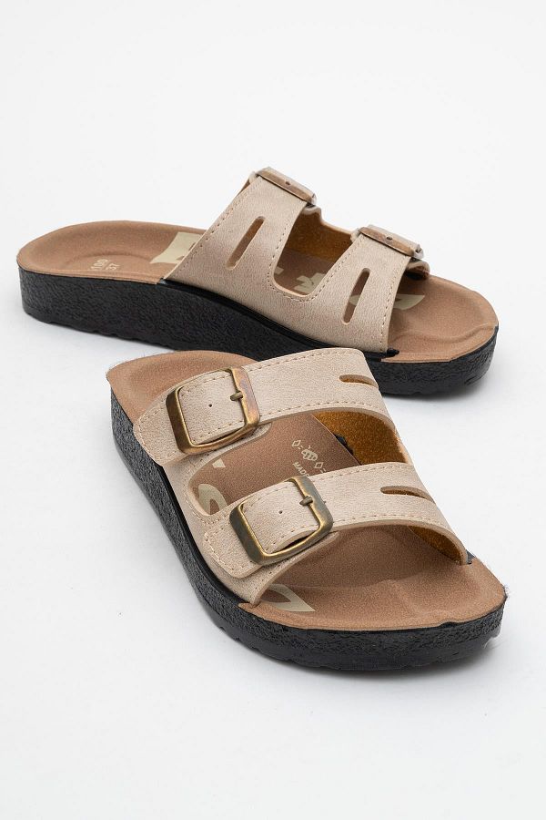 CCWAY AYAKKABI-Women's Flat Slippers with Flip Flop Buckle Beige 1