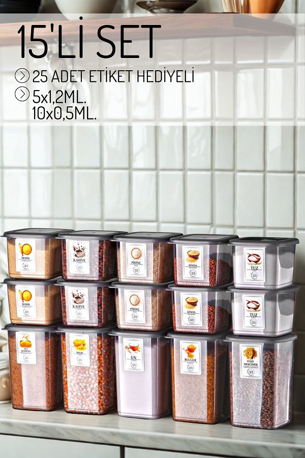 Nandy Home-Storage Container Set with 15 Piece Labels as a Gift / 10X0,5Lt-5X1,2Lt. 1