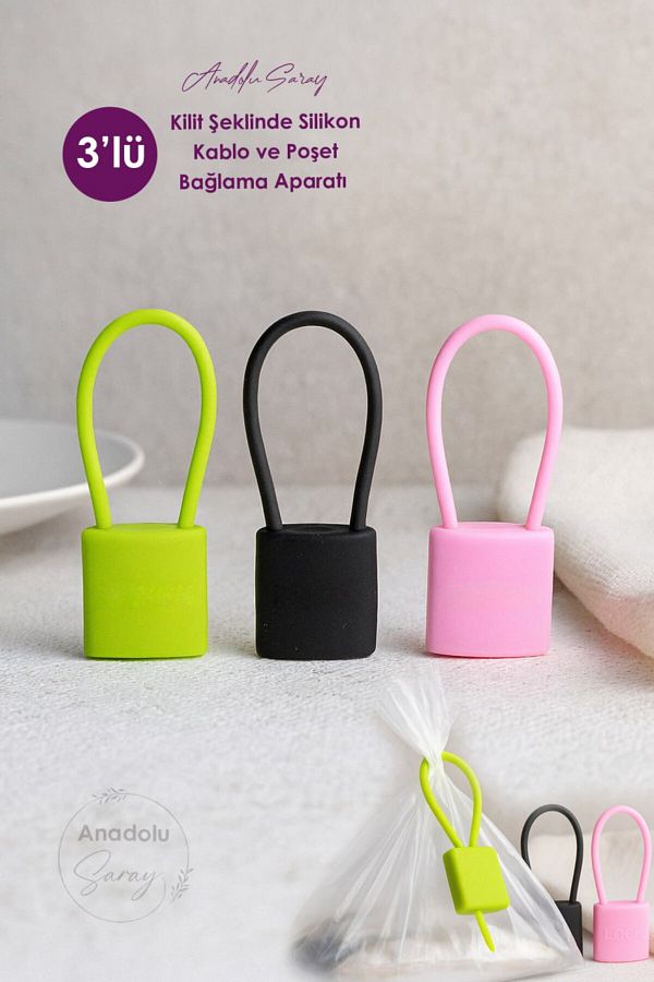 Anadolu Saray-Set of 3 – Multi-Purpose, Practical, Colorful Lock-Shaped Silicone Cable and Bag Binding Device 1