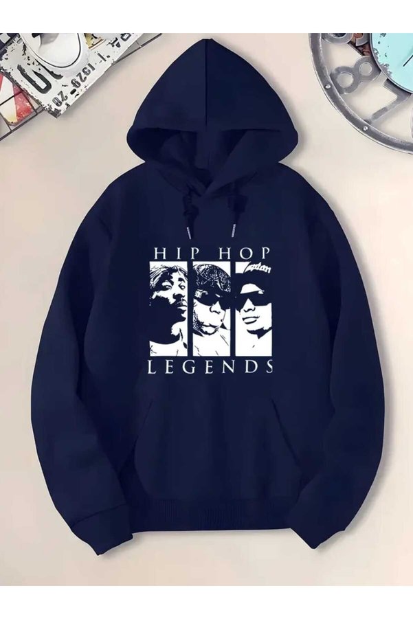 caddekombin Hip Hop Legends Printed Hooded Pocket Navy Blue Sweatshirt with Wool Inside