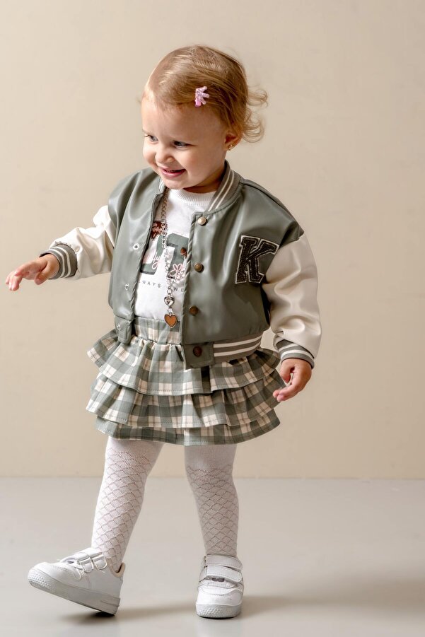 JNF kids Kız Bebek Deri Ceketli Kolej Etekli Takım ( Kolye Ve Külotlu Çorap Hediyeli)