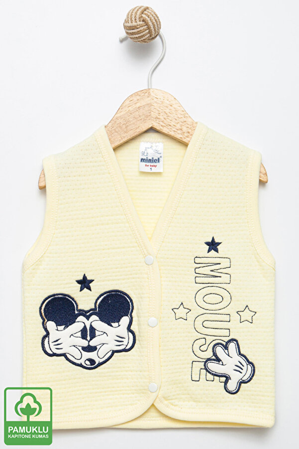 Miniel Erkek Bebek Fare Nakışlı Organik Pamuklu 6-18 Ay Kapitone Bebek Yelek