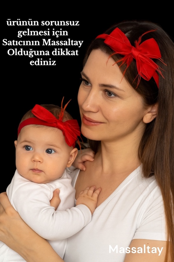 Massaltay Kırmızı Fiyonklu Tüylü Lohusa Tacı ve Bebek Bandanası Takımı