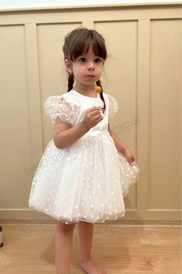 penu baby kids Beyaz Çiçek Desenli Tül Etekli Ve Kısa Tül Kol Kız Bebek & Kız Çocuk Elbise - Flower
