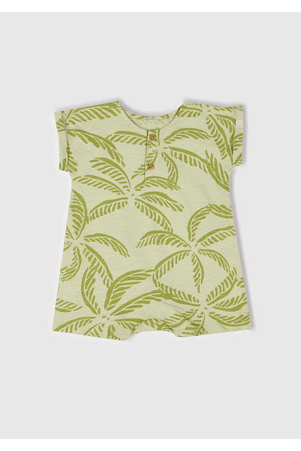 United Colors of Benetton-Baby Green Fully Patterned Jumpsuit with Button Detail on the Front and Hidden Snap Fasteners 1