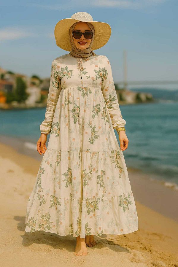 Neva Style-Floral Print Khaki Hijab Dress 22054Hk 1