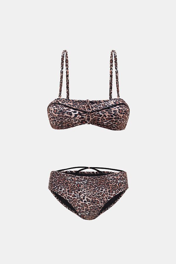 Amarelle-Capetown Leopard Patterned Strapless Removable Strap Ribbed Bikini Set 1